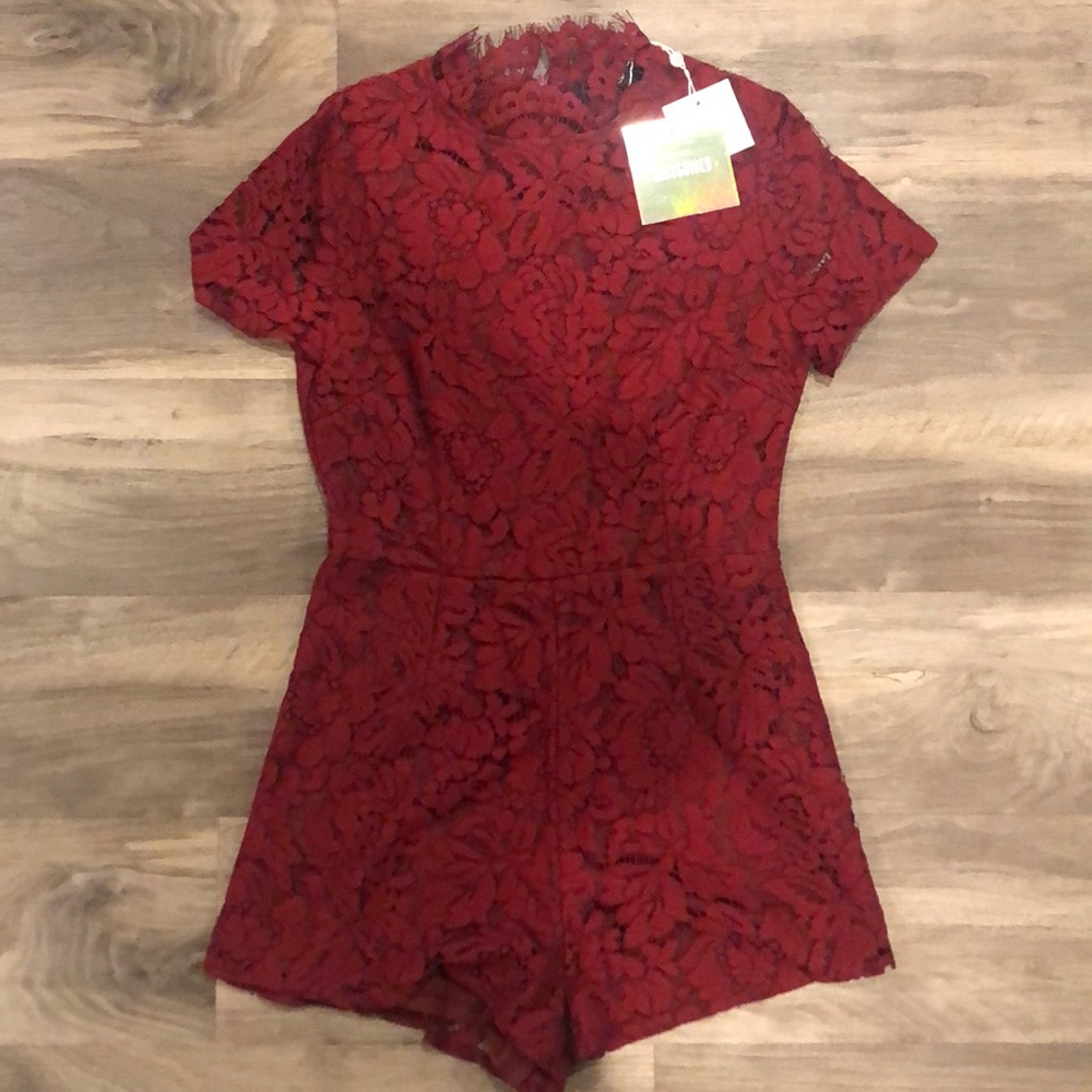 Red floral lace romper